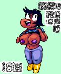 ambiguous_species anthro big_breasts black_hair blue_clothing boots bottomwear breasts clothed clothing clothing_lift dated denim denim_clothing female footwear green_background hair hi_res humanoid jeans jimothy_dickerman maya_script nipples pants purple_nipples red_body rubber rubber_boots shirt shirt_lift signature simple_background simple_eyes smile solo topwear 