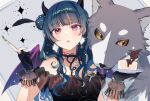  1girl black_dress blue_hair blush cake demon_horns demon_wings dog dress earrings fingerless_gloves food fork frilled_gloves frills genjitsu_no_yohane gim_(gim-gim-3919) gloves hair_bun holding holding_fork holding_plate horns jewelry lailaps_(genjitsu_no_yohane) long_hair looking_at_viewer love_live! love_live!_sunshine!! nail_polish off-shoulder_dress off_shoulder pink_eyes plate single_side_bun tsushima_yoshiko two-tone_fur wings 