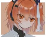  1girl :/ a.i._voice adachi_rei black_jacket black_shirt border closed_mouth commentary expressionless hair_ornament hair_ribbon hairclip half-closed_eyes headlamp headset highres jacket light_blush looking_at_viewer one_side_up orange_background orange_hair outside_border portrait ribbon shirt short_hair sirase_uni solo turtleneck utau wavy_eyes white_border white_ribbon 