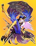  1girl arms_up breasts duel_monster full_body gradient_background harpy highres legs_up long_hair lyrilusc_-_recital_starling monster_girl open_mouth pink_hair red_eyes skirt solo winged_arms wings yellow_background yu-gi-oh! yukitaka_(zzzzz) 