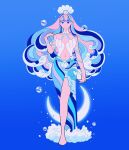  1girl bare_legs barefoot blue_eyes blue_hair blue_theme bubble crescent full_body hand_up highres liquid_hair long_hair meyoco multicolored_hair navel no_toes original pink_hair smile solo standing very_long_hair water_dress 