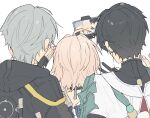  1girl 2boys ahoge beads black_choker black_hair black_jacket caelus_(honkai:_star_rail) choker dan_heng_(honkai:_star_rail) earrings fingernails from_behind grey_hair hands_on_own_cheeks hands_on_own_face honkai:_star_rail honkai_(series) hood hood_down hooded_jacket iiiiiiitto_all jacket jewelry march_7th_(honkai:_star_rail) multiple_boys orange_ribbon ribbon selfie selfie_stick short_hair simple_background trailblazer_(honkai:_star_rail) turtleneck upper_body v white_background white_jacket 