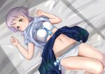  1girl bed bed_sheet bikini bikini_under_clothes blue_neckerchief blue_shirt blue_skirt blush breasts clothes_lift commentary expressionless hakubaru hands_up idolmaster idolmaster_million_live! looking_at_viewer lying makabe_mizuki navel neckerchief on_back purple_hair sailor_swimsuit_(idolmaster) shirt shirt_lift short_hair short_sleeves sidelocks skirt small_breasts solo stomach swimsuit thighs wavy_hair white_bikini yellow_eyes 