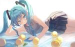  1girl absurdres aqua_eyes aqua_hair bare_arms black_skirt blush breasts closed_mouth collared_shirt commentary feet_out_of_frame ff_01 food fruit grey_shirt hair_intakes hatsune_miku highres leaf lemon long_hair looking_at_viewer lying necktie on_side ripples shirt sidelocks skirt sleeveless sleeveless_shirt small_breasts solo symbol-only_commentary twintails vocaloid water 