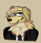  absurd_res anthro bird_dog blazer canid canine canis clothing cumcadaver domestic_dog eyewear gault glasses golden_retriever headshot_portrait hi_res hunting_dog male mammal necktie portrait retriever simple_background smile solo suit 