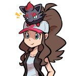  ambiguous_gender breasts brown_hair canid canine carrying clothing digital_media_(artwork) duo female feral fur generation_5_pokemon hair half-closed_eyes hat headgear headwear hi_res hilda_(pokemon) human larger_female long_hair looking_down mammal narrowed_eyes nintendo on_head pokemon pokemon_(species) pokemon_trainer simple_background size_difference smile topwear vest zorua 