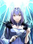  1girl bare_shoulders breasts cleavage detached_collar dress fate/grand_order fate_(series) feather_trim hair_between_eyes highres jewelry kino_kokko large_breasts long_hair long_sleeves looking_at_viewer pendant purple_dress purple_hair red_eyes scathach_(fate) scathach_skadi_(fate) smile solo tiara wand 
