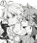  ! 2boys aether_(genshin_impact) ahoge armor braid closed_mouth collarbone collared_shirt commentary_request crystal_earrings earrings genshin_impact gloves greyscale hair_between_eyes half-closed_eyes hand_up jacket jewelry long_hair long_sleeves looking_at_another looking_to_the_side male_focus mask mask_on_head monochrome multiple_boys ntmnta open_mouth scarf shirt short_hair short_sleeves shoulder_armor simple_background single_earring speech_bubble tartaglia_(genshin_impact) teeth tongue upper_body yaoi 