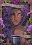  1boy alcohol blush chalice character_name dark-skinned_male dark_skin dionysus_(hades) english_text facial_hair food fruit grapes grin hades_(series) hades_1 hair_over_shoulder highres kuzunue leaf long_hair low-tied_long_hair male_focus purple_eyes purple_hair smile stubble upper_body wine 