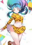  1girl absurdres animal_print blue_hair crop_top electricity highres horns itou_kazuki long_hair looking_at_viewer lum navel oni oni_horns pleated_skirt pointy_ears print_footwear skirt solo tiger_print urusei_yatsura yellow_eyes 