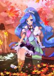  1girl afloat autumn_leaves bird blue_choker blue_eyes blue_hair blue_skirt blue_vest blush choker cure_fontaine earrings gloves hair_ornament healin&#039;_good_precure healing_animal heart heart_hair_ornament highres jewelry long_hair looking_at_viewer magical_girl omega_takai onsen open_mouth outdoors partially_submerged pegitan_(precure) penguin precure puffy_sleeves sawaizumi_chiyu short_sleeves skirt smile soaking_feet split_ponytail very_long_hair vest water white_gloves 