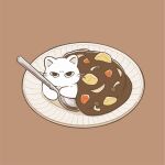  animal brown_background carrot cat commentary_request curry flat_color food food_focus highres holding holding_spoon iguana_taisa looking_at_viewer no_humans on_plate original plate potato simple_background spoon white_cat 