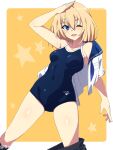  1girl ;d armpits bare_shoulders black_skirt blonde_hair blue_eyes blue_neckerchief blush border breast_pocket breasts collarbone covered_navel dutch_angle hair_between_eyes hand_on_own_head highres looking_at_viewer medium_hair neckerchief off_shoulder one-piece_swimsuit one_eye_closed open_clothes open_mouth original outside_border pocket sailor_collar school_swimsuit school_uniform sebunsu serafuku skirt skirt_around_one_leg small_breasts smile solo standing star_(symbol) starry_background swimsuit swimsuit_under_clothes thighs white_border yellow_background 