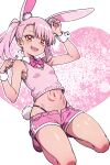  1girl :d alternate_costume animal_ears bare_legs bare_shoulders blush breasts chloe_von_einzbern clenched_hand commentary_request crop_top detached_collar fang fate/kaleid_liner_prisma_illya fate_(series) full_body hair_over_one_eye hanagata_kai hands_up happy heart highleg highleg_panties kemonomimi_mode kneeling leaning_back legs_apart long_hair looking_at_viewer micro_shorts midriff navel panties pink_hair pink_shirt pink_shorts rabbit_ears rabbit_girl rabbit_tail shirt shorts side_ponytail sleeveless sleeveless_shirt small_breasts smile solo spread_legs stomach stomach_tattoo tail tattoo thighs underwear wrist_cuffs yellow_eyes 