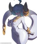  1girl ahoge blue_hair blush bob_cut bracelet breasts colored_nipples colored_skin fewer_digits gold hair_over_eyes highres horn_ornament horn_ring horns jewelry monster_girl narrow_waist navel necklace nipples nose_blush nude original piercing purple_nipples pussy simple_background small_breasts solo sverhnova tail tail_ornament tail_piercing thighs twitter_username white_background wide_hips 