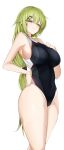  1girl absurdres alternate_costume arched_back ass back_cutout bare_arms bare_shoulders black_one-piece_swimsuit blush breasts closed_mouth clothing_cutout commission competition_swimsuit criss-cross_back-straps from_behind girls&#039;_frontline green_eyes grey_headwear groin hair_ornament hairclip highleg highleg_swimsuit highres impossible_clothes impossible_swimsuit large_breasts long_hair looking_at_viewer maruyaa_(malya1006) median_furrow mk48_(girls&#039;_frontline) one-piece_swimsuit red_eyes simple_background skeb_commission smile solo swimsuit taut_clothes taut_swimsuit thighs trefoil two-tone_one-piece_swimsuit white_background white_one-piece_swimsuit 