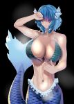  1girl absurdres arm_up bikini bikini_pull black_background blue_hair breasts cleavage clothes_pull drill_hair drill_sidelocks enmimontoria fins green_bikini head_fins highres large_breasts mermaid monster_girl navel pulled_by_self short_hair sidelocks simple_background solo swimsuit touhou wakasagihime 