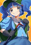  &gt;:) 1girl absurdres backpack bag black_gloves blue_eyes blue_hair blue_shirt blue_skirt blunt_bangs collared_shirt commentary crowbar flat_cap frilled_shirt_collar frills gloves green_bag green_headwear grin hair_bobbles hair_ornament hat highres holding holding_crowbar holding_strap jewelry kawashiro_nitori key key_necklace looking_at_viewer nanashi_nasi necklace orange_background outline puffy_short_sleeves puffy_sleeves shirt short_hair short_sleeves simple_background skirt smile solo touhou two_side_up v-shaped_eyebrows white_outline wrench yellow_background 