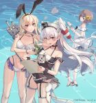  3girls amatsukaze_(kancolle) artist_name bikini black_one-piece_swimsuit black_scrunchie blonde_hair blush brown_eyes brown_hair collarbone dated dress food grey_hair grin hair_between_eyes hair_tubes highres himeyamato holding holding_food kantai_collection long_hair multiple_girls one-piece_swimsuit open_mouth popsicle rensouhou-chan scrunchie shimakaze_(kancolle) short_hair signature smile swimsuit thigh_strap two_side_up white_bikini white_dress wrist_scrunchie yellow_eyes yukikaze_(kancolle) yukikaze_kai_ni_(kancolle) 