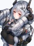  1girl arknights black_gloves black_sports_bra breasts closed_mouth demon_horns elite_ii_(arknights) gloves hood hood_down hooded_jacket horns jacket large_breasts long_hair mudrock_(arknights) open_clothes open_jacket red_eyes simple_background snm_(sunimi) solo sports_bra upper_body white_background white_hair white_jacket 
