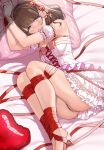  1girl ass bangs bar_censor bare_legs bare_shoulders bdsm blue_eyes blush bondage bound bound_ankles bound_legs bound_wrists bow breasts brown_hair censored dress earrings female_pubic_hair frilled_dress frills gloves hair_bow hairband half-closed_eyes heart heart_pillow high_heels highres idolmaster idolmaster_cinderella_girls jewelry lace-trimmed_gloves lace_trim long_hair looking_at_viewer lying medium_breasts mk_(mod0) no_panties on_bed on_side parted_lips pillow pink_dress pink_hairband pubic_hair pussy pussy_juice red_bow red_footwear red_ribbon restrained ribbon ribbon_bondage sakuma_mayu solo strapless strapless_dress thighs underwear 