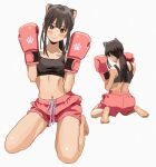  1girl animal_ears baggy_shorts blush boxing_gloves breasts brown_eyes brown_hair cat_ears character_request collarbone from_behind full_body hair_tie hand_up head_tilt highres light_smile long_hair looking_at_viewer median_furrow multiple_views navel pink_shorts ponytail real_life shiren_(ourboy83) shorts sidelocks simple_background sitting small_breasts solo sports_bra white_background 