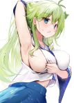  1girl ahoge armpits bare_shoulders blue_eyes blue_skirt blush breasts detached_sleeves efe frog_hair_ornament green_hair hair_between_eyes hair_ornament highres japanese_clothes kochiya_sanae large_breasts long_hair nontraditional_miko open_mouth sideboob simple_background skirt snake_hair_ornament solo sweat touhou upper_body white_background white_sleeves wide_sleeves 