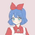  0725akaba 1girl blue_eyes blue_hair blush brown_background closed_mouth collared_dress dress hair_ribbon hairband highres omega_rei omega_sisters puffy_sleeves red_dress red_hairband red_ribbon ribbon short_hair simple_background smile solo virtual_youtuber white_dress 