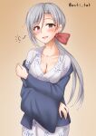  1girl alternate_costume anti_(untea9) blush breasts brown_background chitose_(kancolle) gradient_background grey_eyes grey_hair highres jacket japanese_clothes kantai_collection kimono large_breasts long_hair looking_at_viewer open_mouth ponytail smile solo twitter_username yukata 