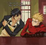  2boys absurdres black_hair blonde_hair blue_eyes closed_eyes coat florbetriz hair_between_eyes highres looking_at_another mole mole_under_eye multiple_boys nicholas_d._wolfwood open_mouth red_coat teeth trigun vash_the_stampede 