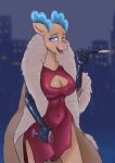  2023 absurd_res anthro antlers armwear blue_antlers blue_eyes breasts cigarette_holder city city_background cleavage cleavage_cutout clothed clothing dastrak deer digital_media_(artwork) digital_painting_(artwork) dress elbow_gloves female gloves handwear hi_res holding_wine_glass horn looking_at_viewer mammal navel_outline new_world_deer open_mouth open_smile red_clothing red_dress reindeer smile solo them&#039;s_fightin&#039;_herds velvet_reindeer_(tfh) 