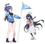  2girls black_footwear black_hair black_shirt black_undershirt blue_archive blue_buruma blue_hairband blue_jacket blue_neckerchief brown_cardigan buruma cardigan crossed_bangs de_lisle_carbine flag full_body gun gym_uniform hairband halo holding holding_flag holding_gun holding_weapon id_card jacket lanyard long_hair long_skirt low_twintails machico_maki multiple_girls neckerchief official_alternate_costume pantyhose parted_bangs partially_unzipped pleated_skirt ponytail purple_eyes purple_hair purple_hairband purple_neckerchief sailor_collar school_uniform serafuku shirt short_sleeves simple_background skirt slippers standing sweat track_jacket twintails ui_(blue_archive) very_long_hair weapon white_background white_sailor_collar white_serafuku white_skirt yuuka_(blue_archive) yuuka_(track)_(blue_archive) 