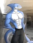  abs absurd_res alkan anthro blue_body blue_eyes bottomwear clothed clothing fish hi_res male marine multicolored_body muscular muscular_anthro muscular_male navel nipples pants pants_only pecs shark solo teron(character) topless topless_anthro topless_male two_tone_body whit 