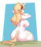 anthro areola big_breasts big_butt blonde_hair blue_eyes blush borvar breasts butt cutie_mark equid equine female hair hasbro hi_res horse huge_breasts huge_thighs long_hair looking_at_viewer looking_back looking_back_at_viewer mammal multicolored_hair my_little_pony nude pony rear_view red_hair signature solo tail text thick_thighs vibrant_fury_(oc) wide_hips 