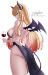  1girl artist_name ass bare_arms bare_back bare_shoulders black_dress black_horns blonde_hair blue_eyes breasts butt_crack commentary cslucaris cup demon_girl demon_horns demon_tail demon_wings dress drinking_glass gradient_hair halterneck highleg highleg_dress highres holding holding_cup hololive horns large_breasts long_hair looking_at_viewer looking_back multicolored_hair open_mouth patreon_username pink_hair pointy_ears sideboob simple_background smile solo starry_sky_print tail teeth thick_eyelashes thighs virtual_youtuber white_background wings yuzuki_choco 