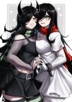  2girls absurdres ahoge black_hair clenched_teeth commentary cosplay costume_switch green_eyes green_scarf hair_over_one_eye heart highres horns long_hair looking_at_viewer multiple_girls open_mouth original rageman709 red_eyes red_scarf scarf sharp_teeth striped striped_scarf teeth very_long_hair 