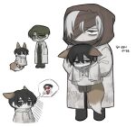  1girl 3boys animal_ears bandage_over_one_eye bandages black_eyes black_hair black_pants black_vest collared_shirt dongbaek_(limbus_company) dongrang_(limbus_company) fox_ears fox_tail giovan_nnn glasses green_eyes green_hair green_necktie grey_hair gubo_(project_moon) hands_in_pockets highres hood hoodie lab_coat limbus_company middle_finger multiple_boys necktie pants pocket project_moon red-framed_eyewear red_necktie shirt tail teardrop vest white_hoodie yellow_eyes yi-sang_(limbus_company) 