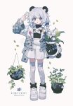  1girl animal_ears bear_ears bear_girl blue_eyes blue_thighhighs full_body highres jacket kanae_(cookie) open_clothes open_jacket original plant potted_plant simple_background skirt solo star_(symbol) star_print thighhighs white_background white_footwear white_skirt 