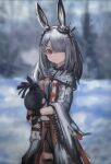  1girl animal_ears arknights black_gloves blurry blurry_background brown_eyes closed_mouth cowboy_shot fingerless_gloves frostnova_(arknights) gloves grey_hair gumiaoandpeace hair_ornament hair_over_one_eye hairclip highres holding holding_stuffed_toy looking_at_viewer medium_hair rabbit_ears rabbit_tail solo stuffed_toy tail 