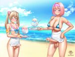  2girls apron bar_censor beach bikini bikini_top_only blonde_hair blue_bikini blue_eyes blue_sky blush breasts censored cum cum_on_food daisy_mitsumata dated day erection food foreskin futanari grin hairband highres holding holding_tray large_breasts large_penis long_hair looking_at_viewer multiple_girls original outdoors penis phimosis pink_hair purple_hairband shaved_ice short_hair sky small_breasts smile swimsuit testicles textless_version tray twintails water white_apron white_bikini 