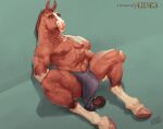  anthro areola blue_eyes bottomwear brown_areola brown_body brown_hooves brown_nipples clothing equid equine glistening glistening_eyes grey_bottomwear grey_clothing grey_loincloth hi_res hooves horse laser_(artist) leg_markings loincloth male mammal markings mouth_closed narrowed_eyes nipples signature sitting socks_(marking) solo spread_legs spreading tan_body text url 