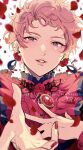  1boy 2023 black_shirt dated earrings ensemble_stars! flower gem hand_on_own_chest happy_birthday highres itsuki_shu jewelry kenpi_(kentin_jiru) male_focus multicolored_shirt petals pink_hair purple_eyes red_flower red_gemstone red_nails red_petals red_rose red_shirt rose rose_petals shirt short_hair smile solo teeth white_background 