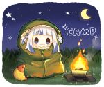  1girl :3 blue_eyes blue_hair chibi closed_mouth commentary crescent ebi-chan_(gawr_gura) fire food gawr_gura grass grey_hair hair_ornament hololive hololive_english multicolored_hair night night_sky outdoors same_anko shrimp shrimp_tempura sky sleeping_bag solo star_(symbol) streaked_hair tempura two_side_up virtual_youtuber 