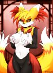  anthro blonde_hair breasts canid canine female fox fur genitals hair hi_res holding_breast looking_down mammal moonfluffmf nipples orange_eyes pussy red_body red_fur solo white_body white_fur yellow_body yellow_fur 