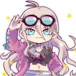  1girl antenna_hair arm_up belt black-framed_eyewear blue_eyes breasts character_print choker closed_mouth collarbone danganronpa_(series) danganronpa_v3:_killing_harmony glasses hair_between_eyes iruma_miu jacket large_breasts manegi_neko midriff nail_polish pink_jacket skirt smile solo sparkle white_background 