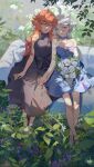  2girls ahoge alternate_costume black_dress blue_dress bouquet day dress forest gundam gundam_suisei_no_majo highres holding holding_bouquet holding_hands interlocked_fingers long_hair looking_at_viewer miorine_rembran multiple_girls nature otuming outdoors plant red_hair shoes smile suletta_mercury thick_eyebrows toes white_hair yuri 