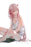  1girl aqua_eyes bare_arms bare_legs bare_shoulders breasts cleavage closed_mouth collarbone darling_in_the_franxx dino_(dinoartforame) eyelashes eyeliner facing_to_the_side foot_out_of_frame highres horns light_smile long_hair looking_at_viewer makeup oversized_clothes pink_hair pout red_horns shirt shoe_soles simple_background sitting sleeveless sleeveless_shirt slippers solo strap_gap very_long_hair white_background white_shirt zero_two_(darling_in_the_franxx) 