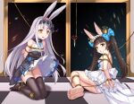  2girls animal_ears arms_behind_back ass azur_lane backless_dress backless_outfit bare_legs bare_shoulders barefoot bdsm black_bow black_dress blue_flower blush bondage bound bound_ankles bound_arms bound_legs bound_wrists bow breasts brown_hair center_frills checkered_floor clothes_lift commentary_request crotch_rope crown_hair_ornament distress dress dress_lift embarrassed facing_viewer flower flower_ornament fox_ears fox_girl frilled_dress frills from_behind from_below full_body haimei1980 hair_between_eyes hair_bow hairband highres kneeling leaning_forward legs lolita_hairband long_hair looking_at_viewer looking_back looking_down multiple_girls nagato_(azur_lane) nagato_(guardian_fox&#039;s_procession)_(azur_lane) no_bra no_wings open_mouth orange_eyes panties rabbit_ears rabbit_girl restrained shibari shimakaze_(azur_lane) shimakaze_(the_white_rabbit_of_wonderland)_(azur_lane) skindentation sleeveless sleeveless_dress small_breasts strapless strapless_dress thighhighs thighs twintails underwear upskirt very_long_hair white_dress white_hair white_panties yellow_eyes 