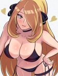  1girl alternate_eye_color amrbatafri bikini black_bikini black_choker blonde_hair breasts choker cleavage cynthia_(pokemon) hair_ornament hair_over_one_eye hand_on_own_hip heart highres large_breasts leaning_forward long_hair looking_at_viewer navel parted_lips pokemon pokemon_dppt smile solo stomach swimsuit thigh_strap very_long_hair yellow_eyes 