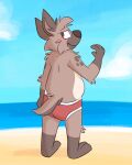  absurd_res anthro barefoot baregoot beach blue_sky blue_water briefs briefs_only brown_eyes brown_nose butt clothed clothing cloud colored_seam_underwear embarrassed feet frown fur hi_res hyena male mammal mushketeery mushy_(mushketeteery) red_briefs red_clothing red_underwear sand seaside sky solo spots tan_body tan_fur topless underwear underwear_only water white_seam_briefs white_seam_underwear 